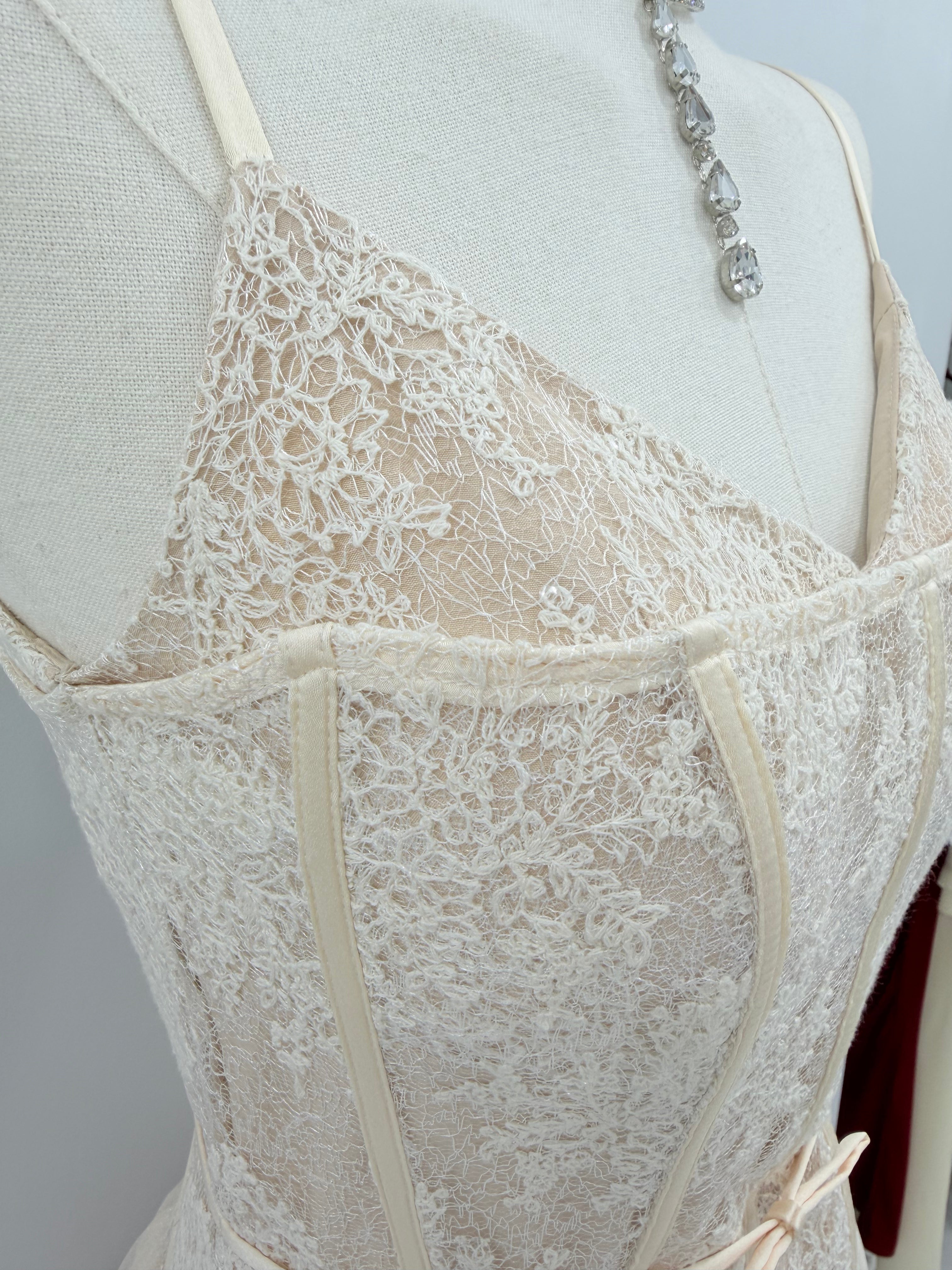 ivory lace corset maxi dress Women's Ivory Lace Corset Sheer High-Slit Mermaid Maxi Dress